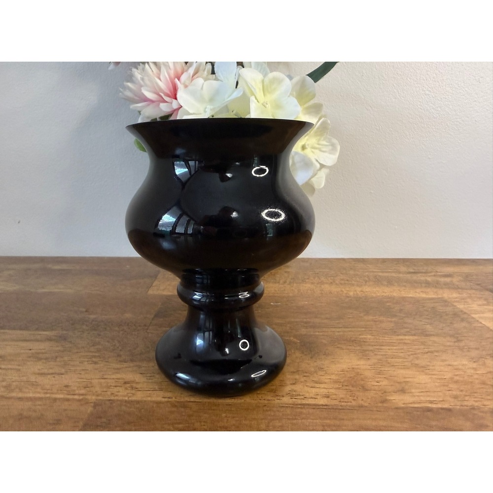 Vintage Black Amethyst Glass Pedestal Vase Urn Flared Rim Gothic Decor